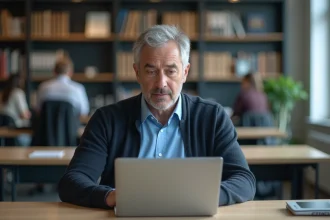 Homme académicien concentré sur son ordinateur en université