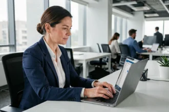 Femme professionnelle accédant à sa messagerie sécurisée EDF sur un ordinateur portable en open-space