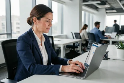 Femme professionnelle accédant à sa messagerie sécurisée EDF sur un ordinateur portable en open-space