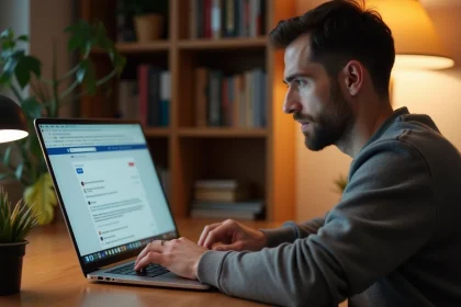Homme travaillant depuis chez lui sur sa messagerie webmail Rouen depuis un bureau à domicile
