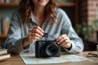 Femme insérant une carte microSD dans un appareil photo mirrorless sur un bureau de travail créatif
