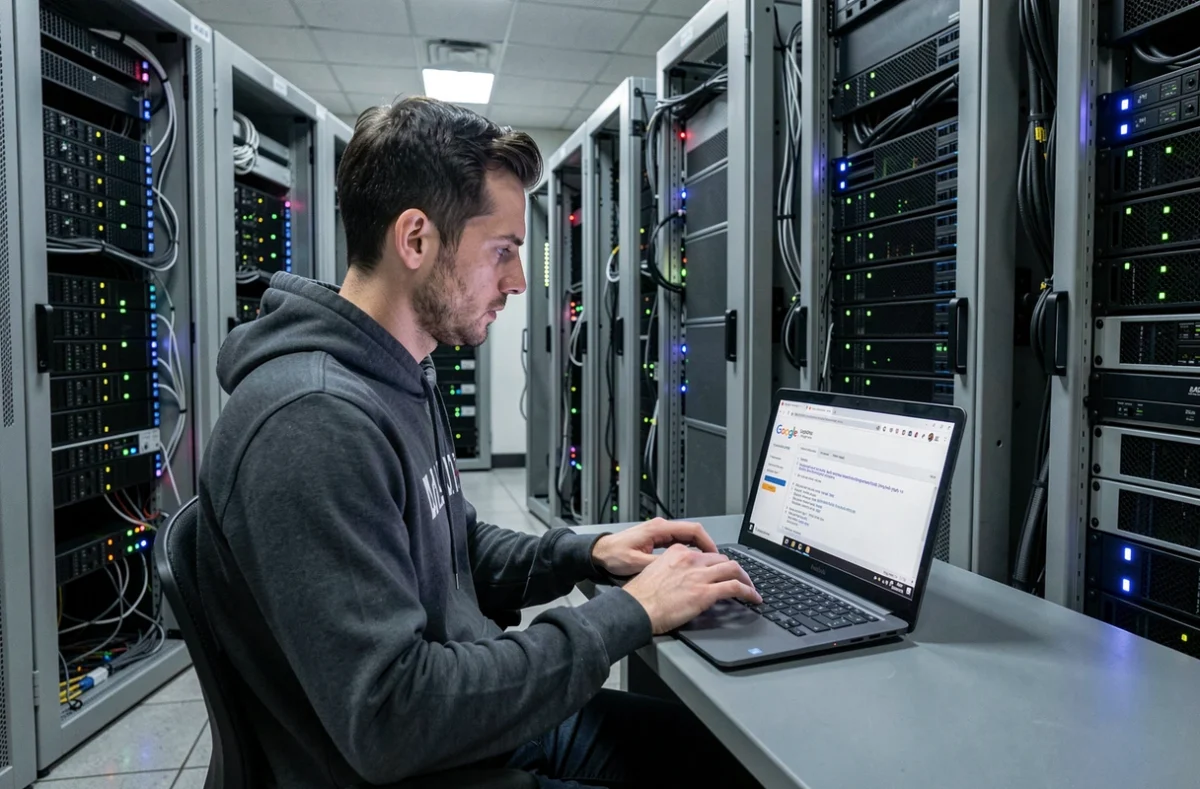 Administrateur système en salle des serveurs configurant les paramètres de mise à jour Google via l'éditeur de stratégie de groupe