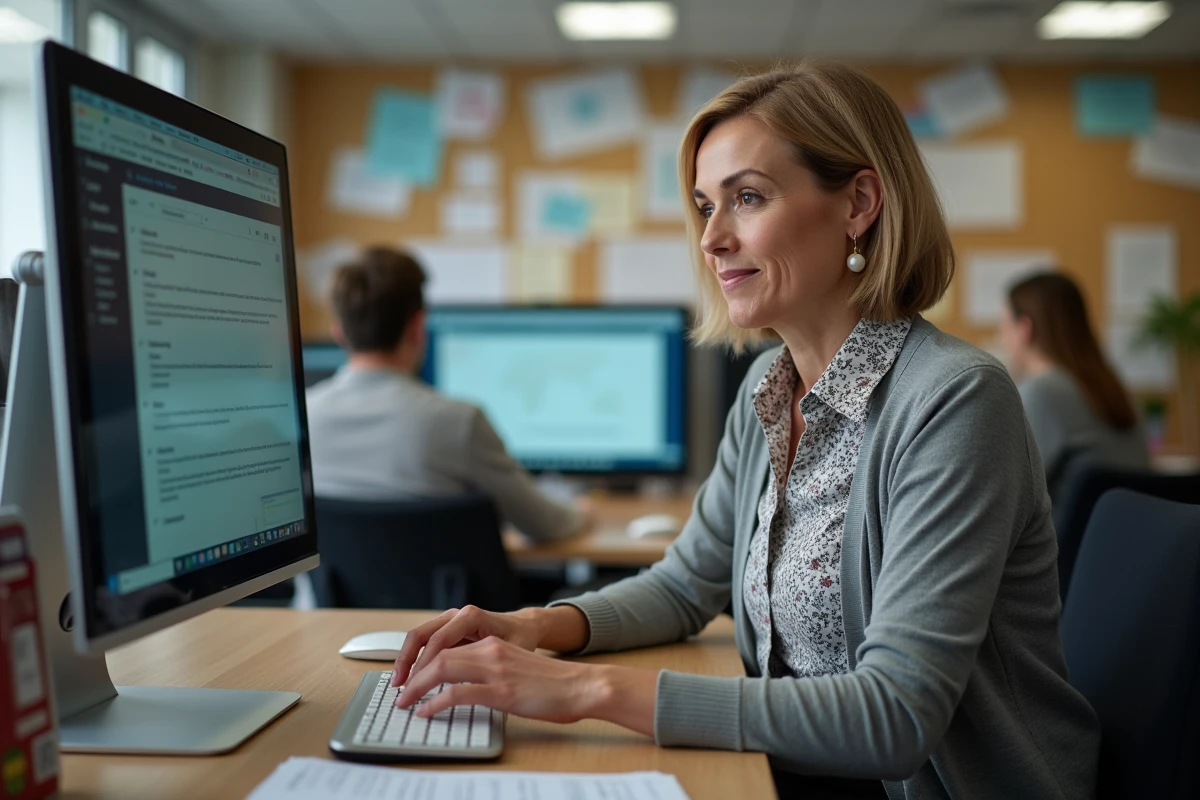 Administratrice scolaire vérifiant ses emails dans une salle de personnel