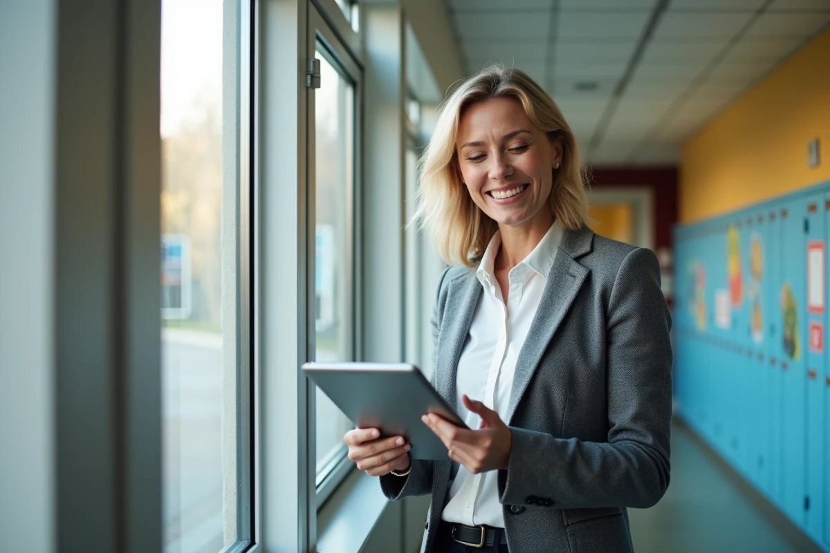 Administratrice scolaire souriante dans le couloir