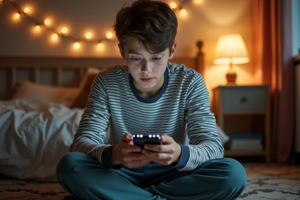 Adolescent débutant consultant des erreurs de téléchargement d'images Zup sur son smartphone dans sa chambre