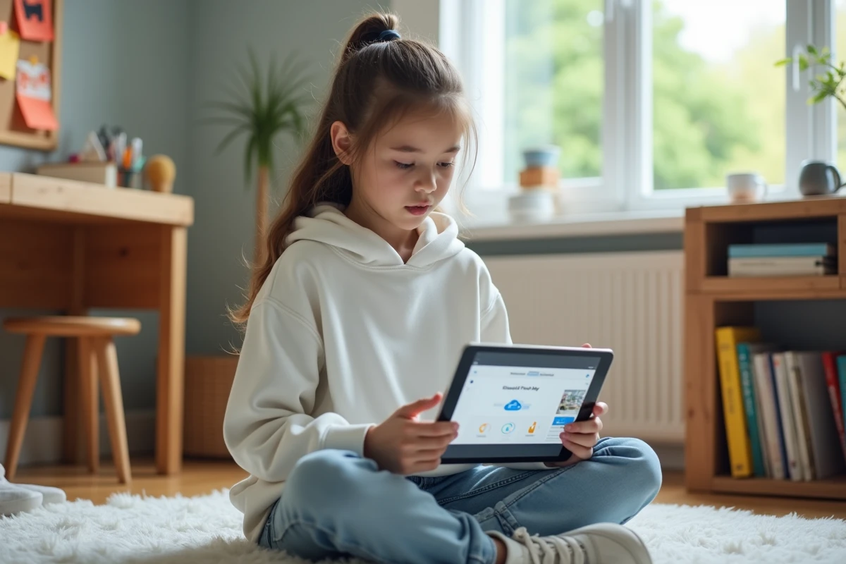 Adolescente comparant iCloud Find My et l'application Localiser sur iPad dans sa chambre