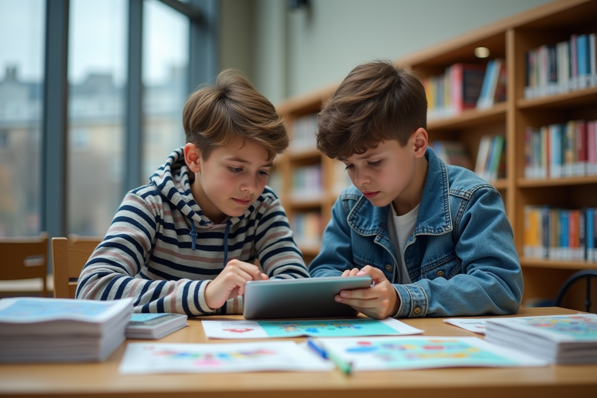 Deux adolescents créant un poster dans une bibliothèque lumineuse