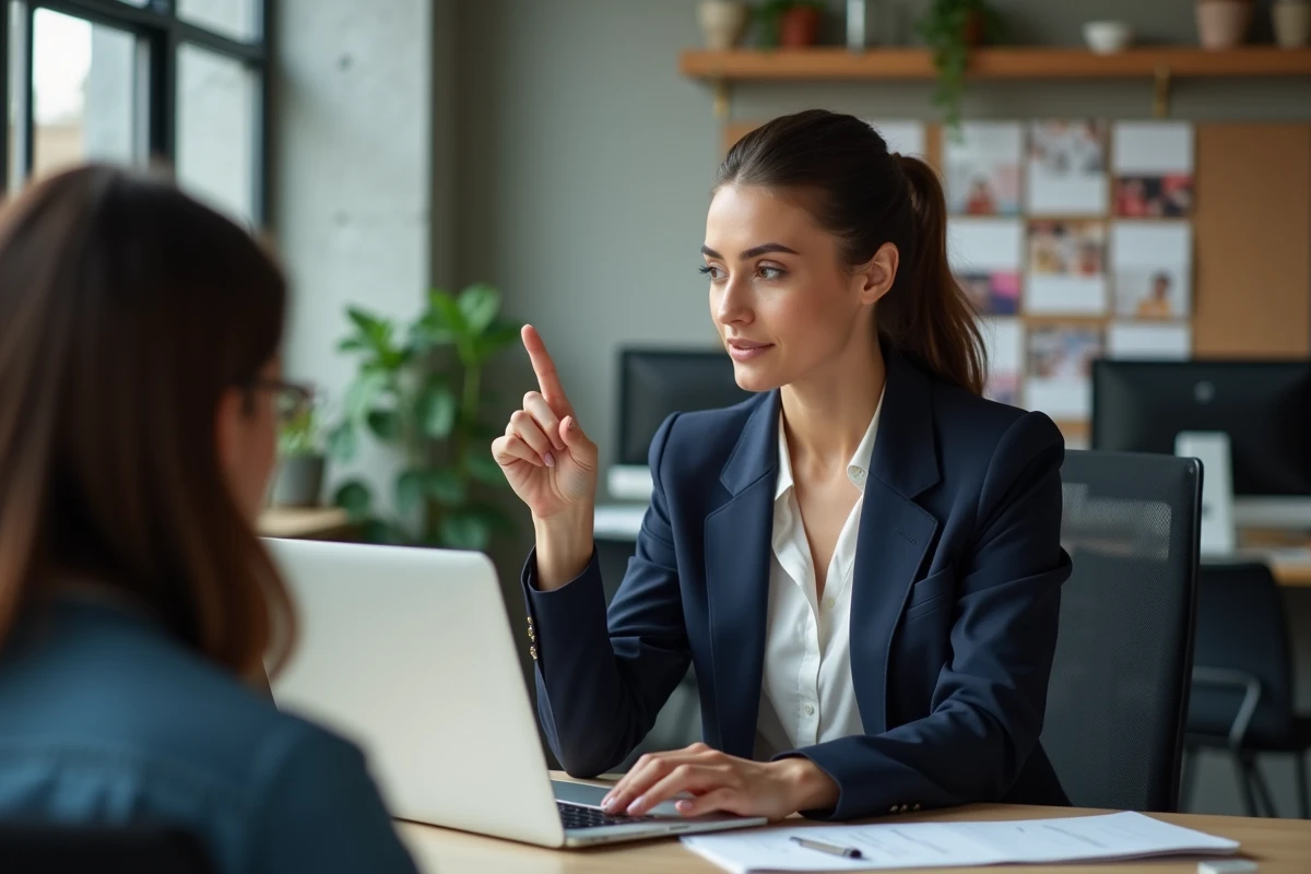 Professionnelle d'agence partageant des fichiers numériques avec un client via un logiciel de transfert sur MacBook Pro dans un bureau créatif moderne