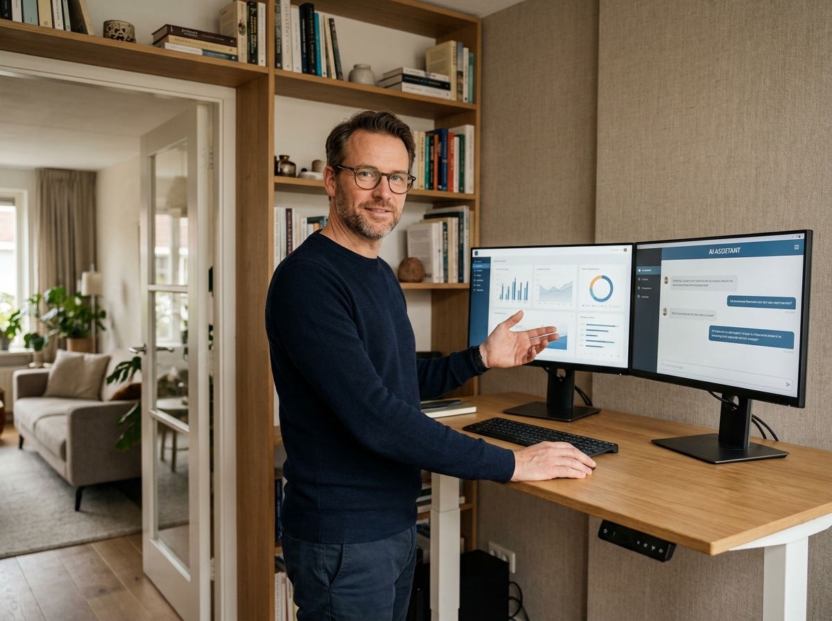 Un homme travaillant avec des agents IA pour simplifier la recherche et la production de contenus numériques depuis un bureau à domicile