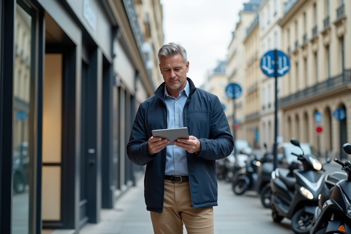 Agent urbain parisien avec tablette en extérieur
