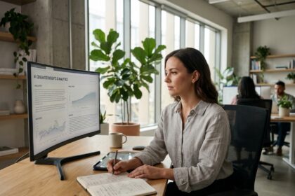 Une professionnelle utilisant un agent IA pour créer et rechercher des contenus numériques dans un bureau moderne
