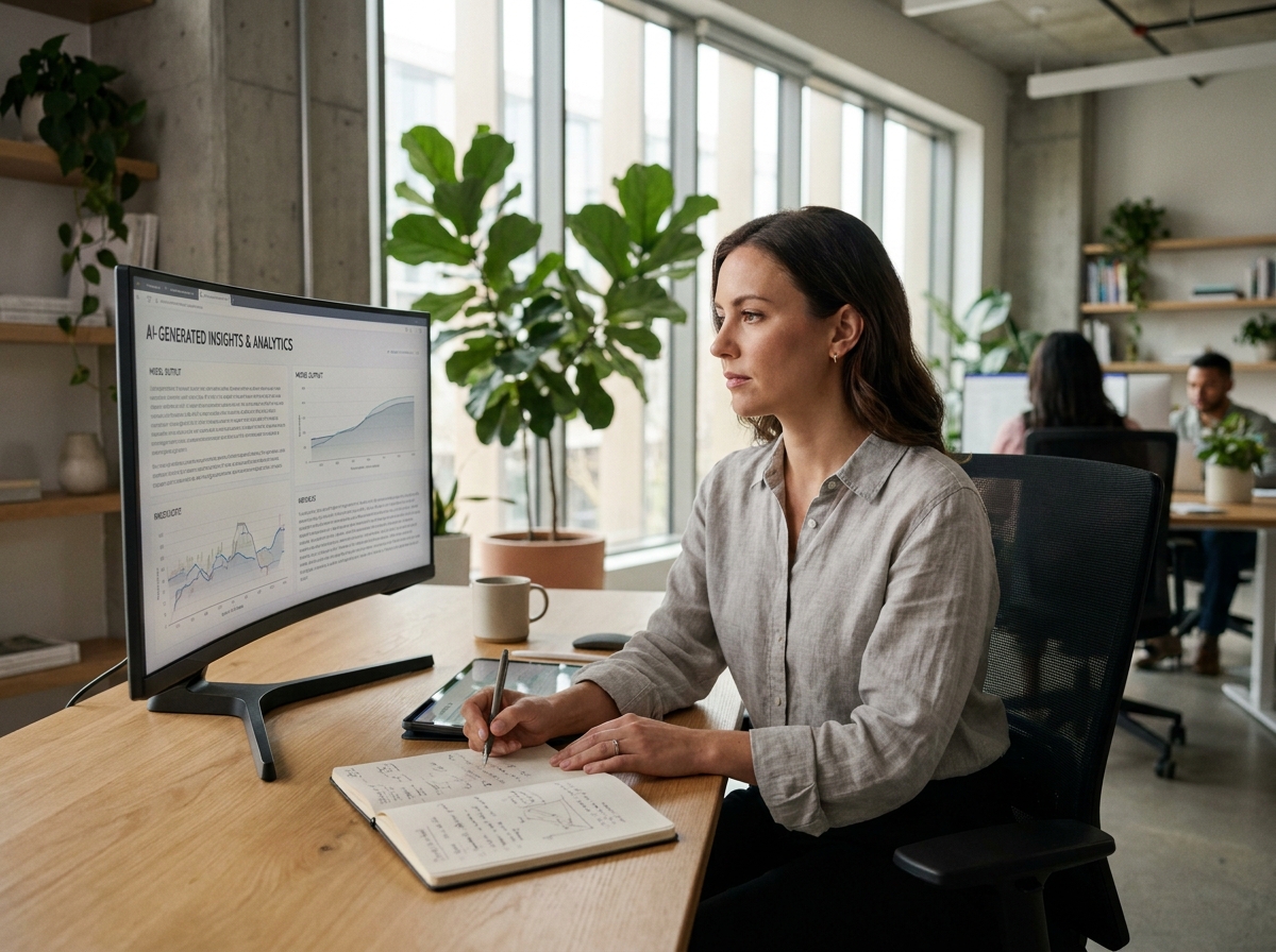 Une professionnelle utilisant un agent IA pour créer et rechercher des contenus numériques dans un bureau moderne