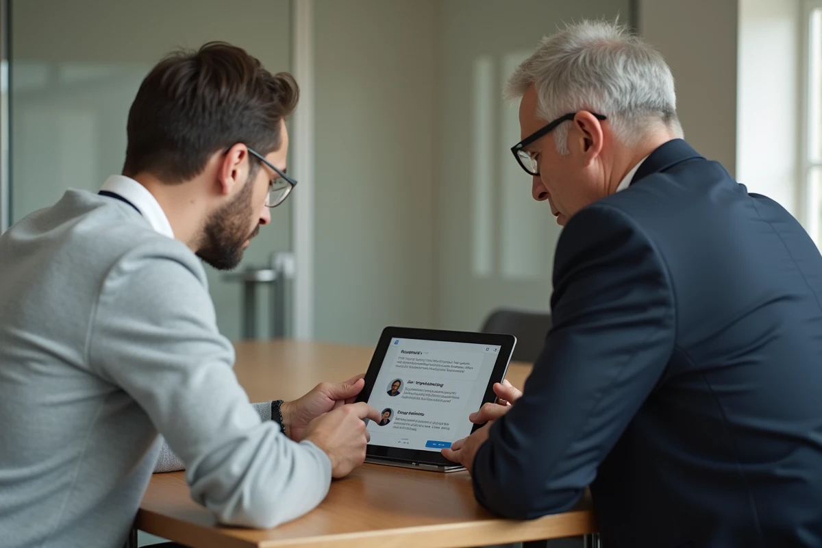 Deux agents gouvernementaux consultant une conversation sécurisée sur tablette lors d'une réunion