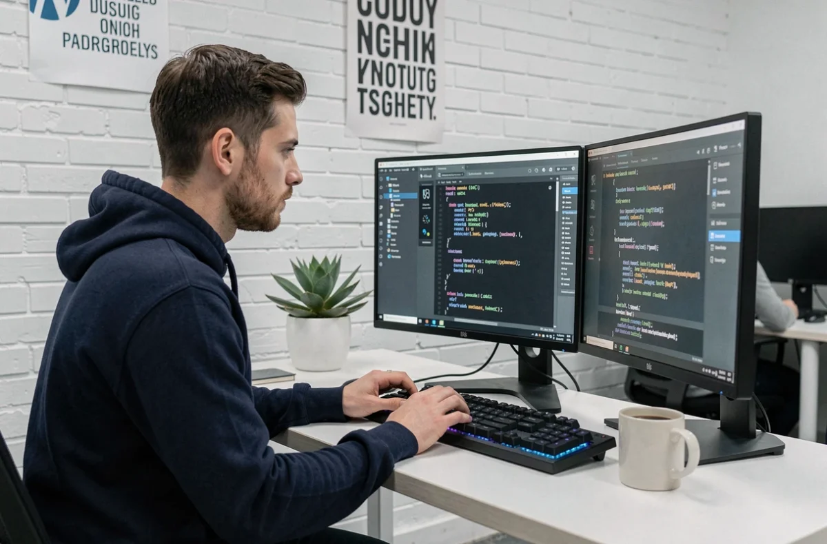 Développeur de l'agence ALBDEV concentré sur du code WordPress affiché sur deux écrans dans un studio minimaliste