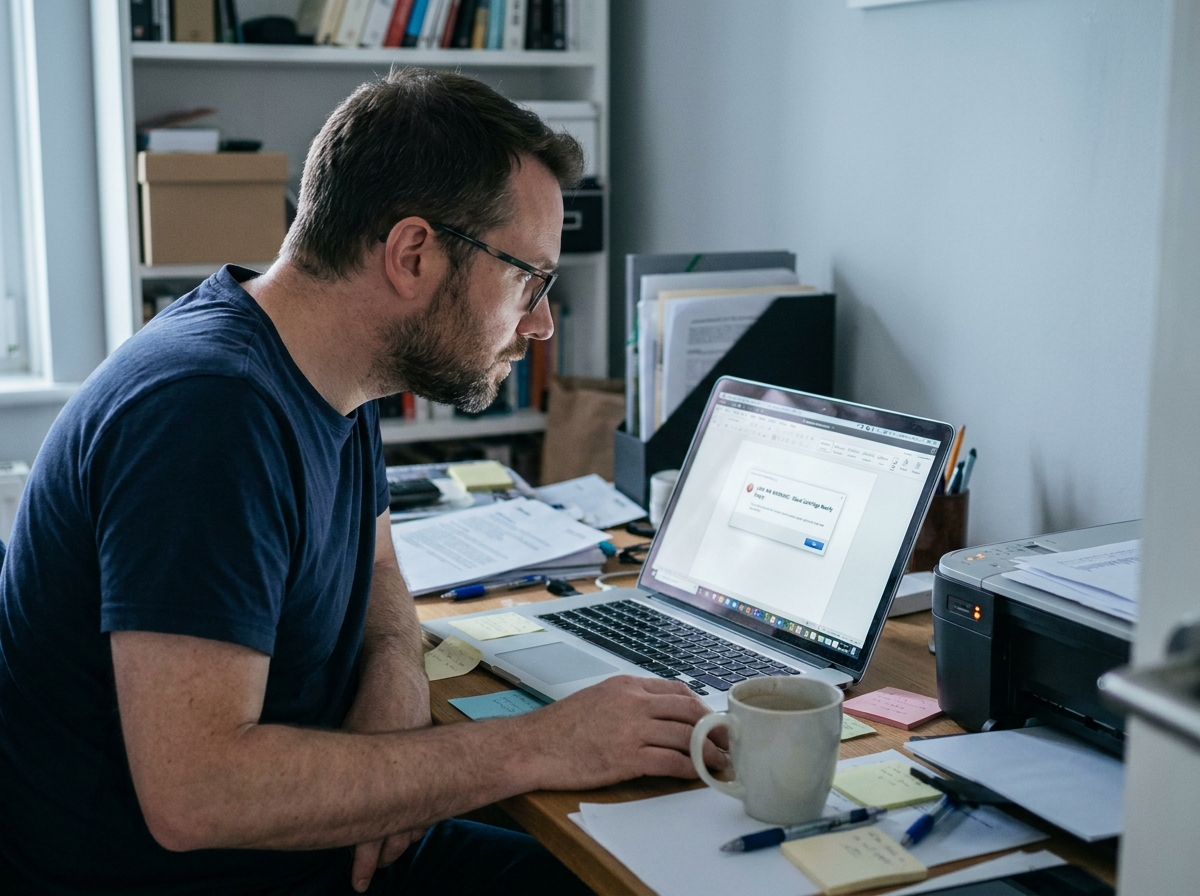 Homme regardant une alerte de niveau d'encre faible sur son ordinateur portable à côté d'une imprimante domestique