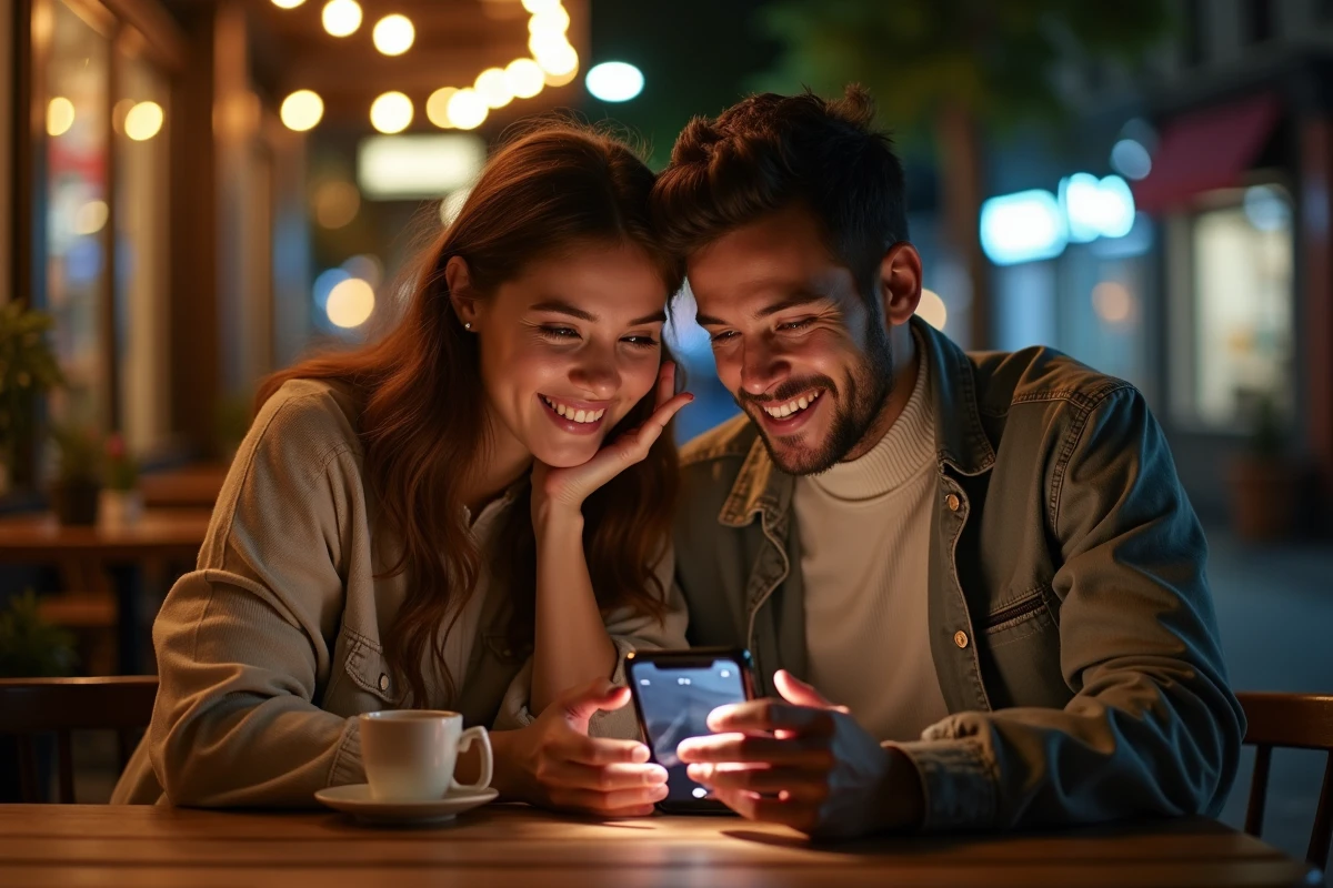 Deux amis consultant une photo de nuit sur un iPhone dans un café en terrasse le soir