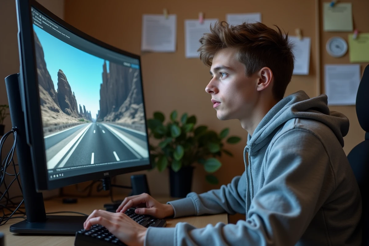 Jeune homme analysant un benchmark de carte graphique RTX 5070 avec comparaison ray tracing activé et désactivé sur écran PC
