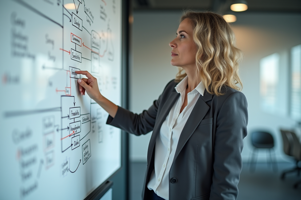 Analyste logiciel expliquant un diagramme sur whiteboard