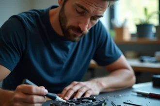 Technicien appliquant de la pâte thermique sur la puce d'une carte graphique avec une seringue de précision
