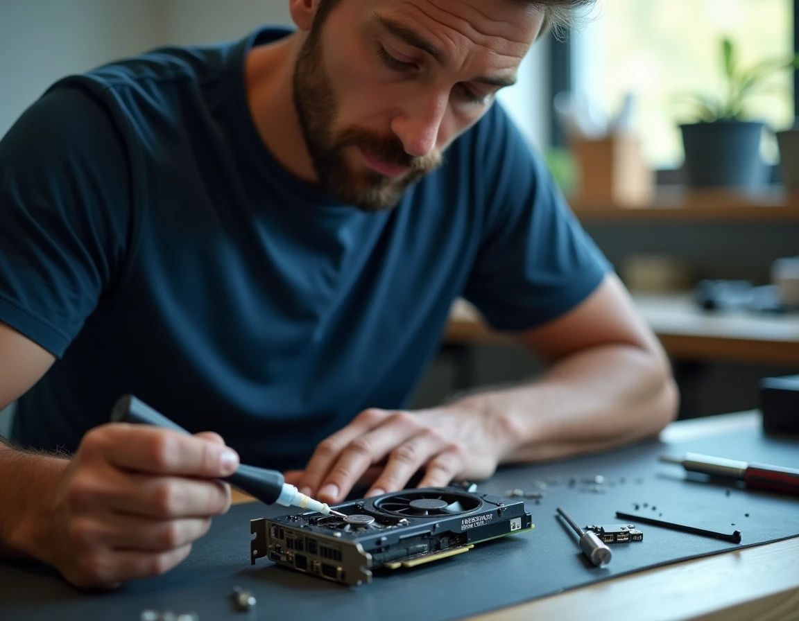 Technicien appliquant de la pâte thermique sur la puce d'une carte graphique avec une seringue de précision