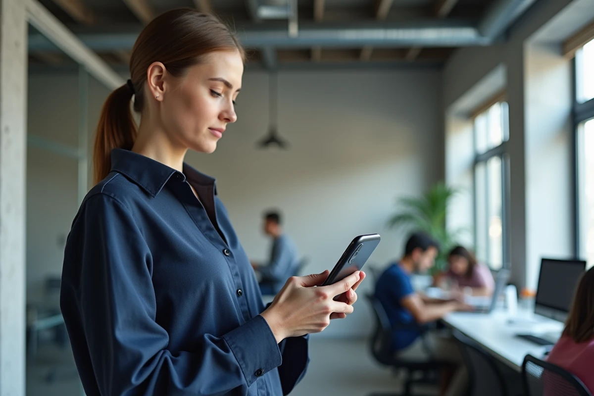 Femme utilisant une application de gestion du presse-papier Android dans un espace de coworking moderne