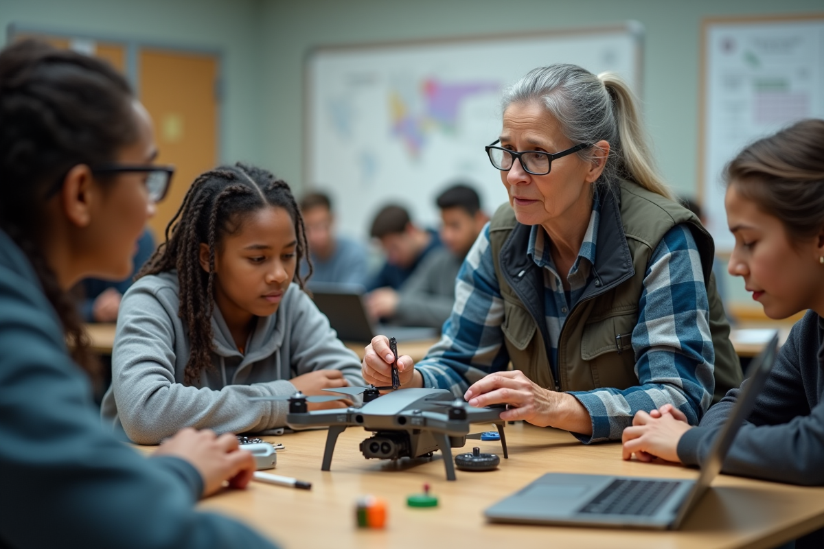 Enseignante avec adolescents lors d un atelier drone