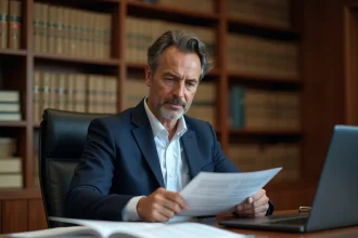 Avocat consultant un document PDF numérisé sur ordinateur portable avec reconnaissance de texte OCR dans un cabinet juridique