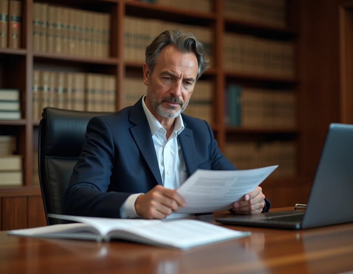 Avocat consultant un document PDF numérisé sur ordinateur portable avec reconnaissance de texte OCR dans un cabinet juridique