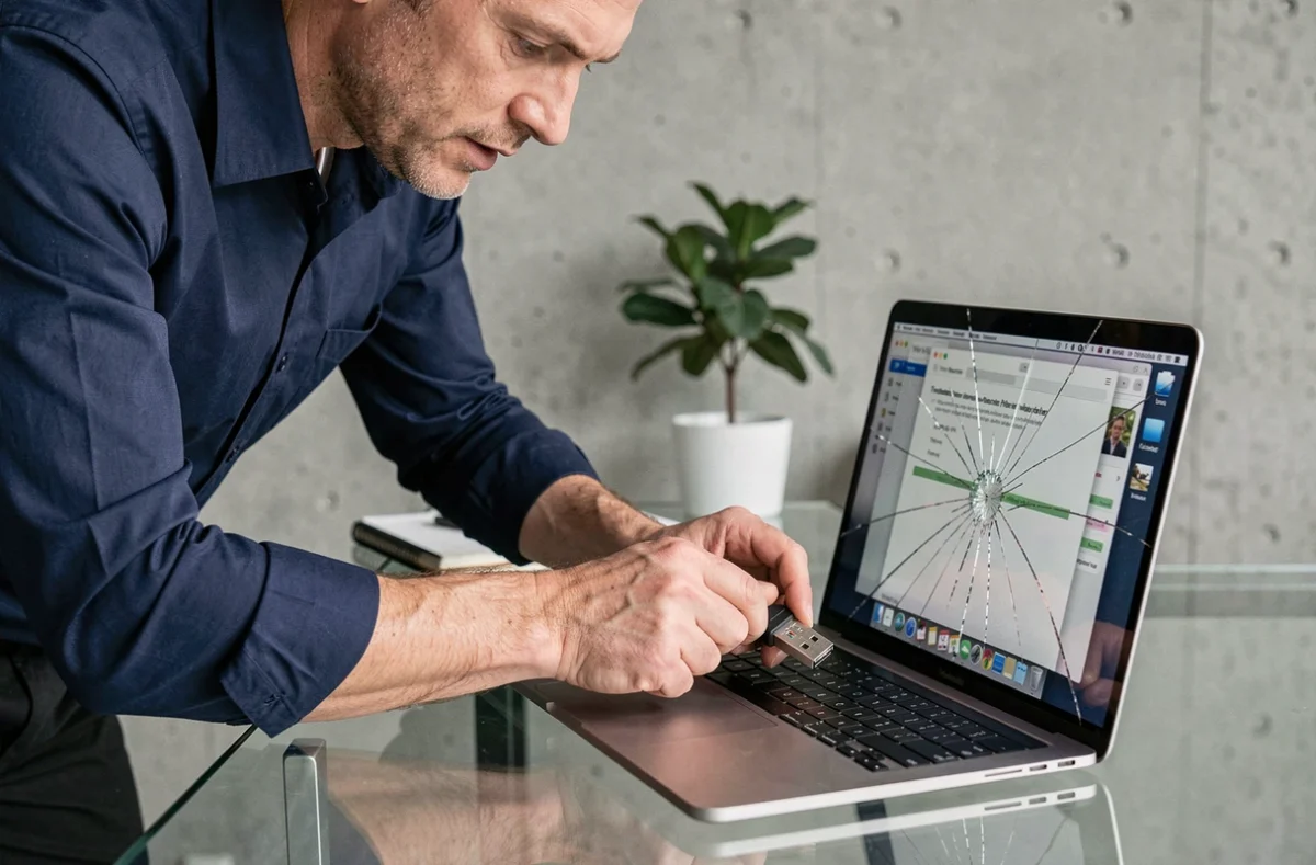 Homme utilisant une clé USB pour sauvegarder des données sur un MacBook Pro à écran cassé avec Time Machine