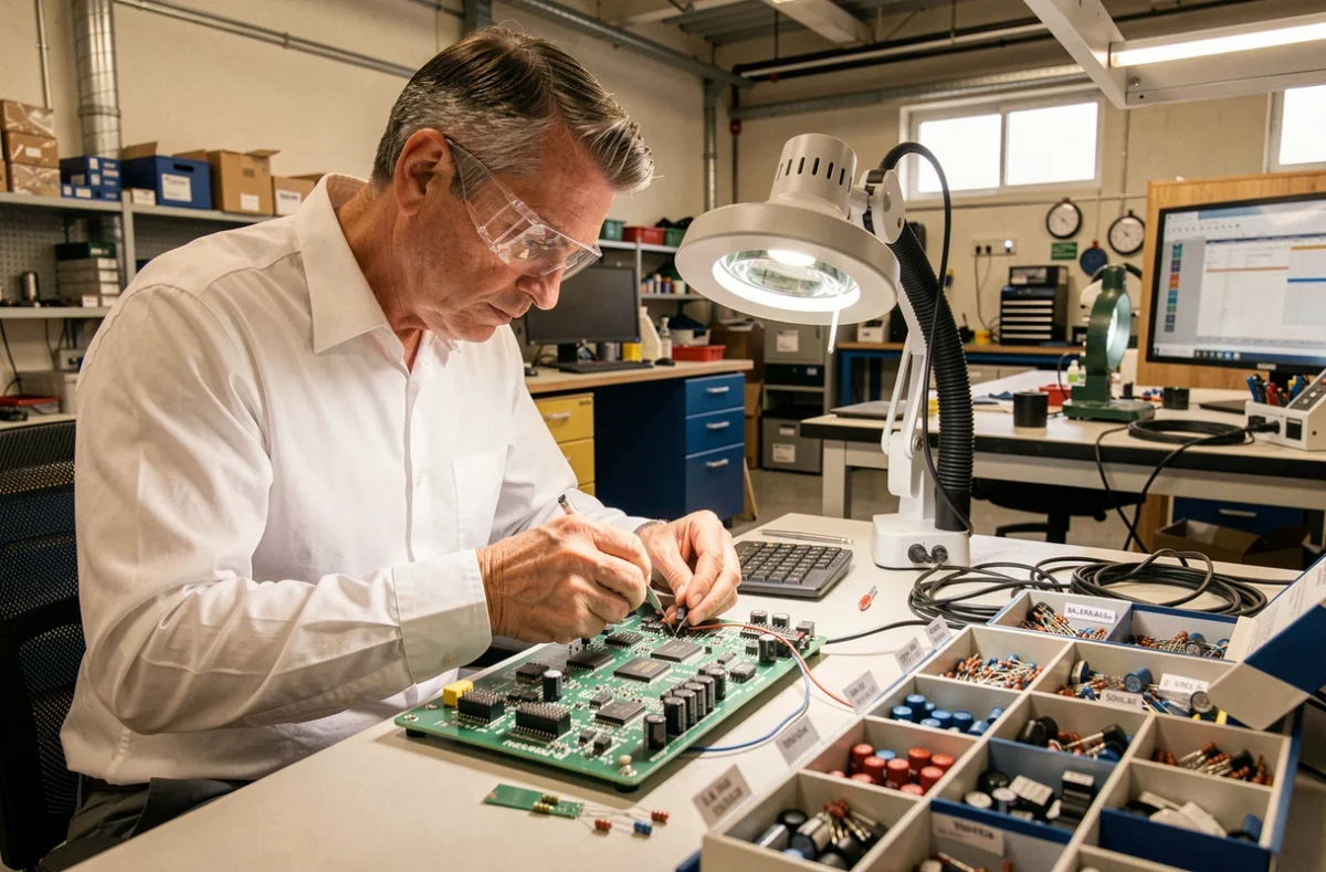 Technicien de BIPP Informatique dans le Vaucluse effectuant une soudure sur une carte électronique