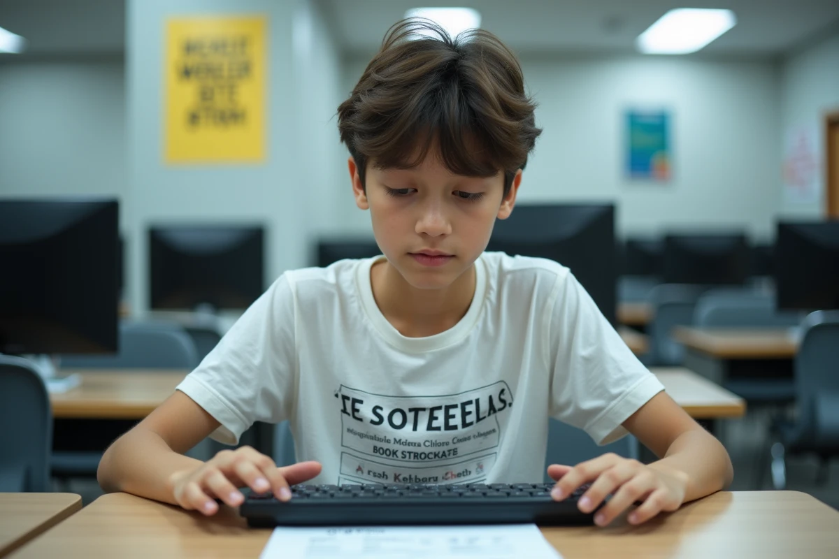 Adolescent apprenant les bonnes pratiques de la touche Shift sur un clavier dans une salle informatique scolaire
