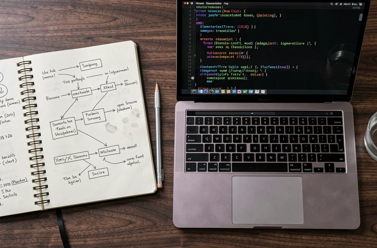 Vue aérienne d'un bureau de data engineer avec notebook manuscrit et code Python XML sur MacBook Pro