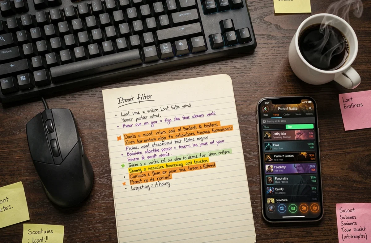 Vue aérienne d'un bureau gaming avec notes manuscrites de règles de loot filter, clavier mécanique et écran de configuration pour PoE2