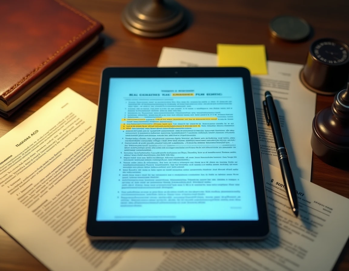 Vue aérienne d'un bureau juridique avec des contrats imprimés et un PDF consultable grâce à la technologie OCR sur tablette