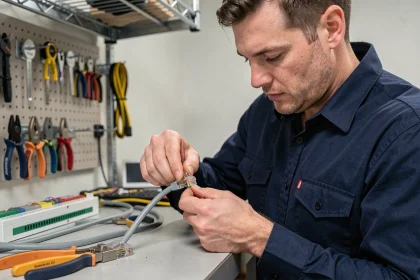 Technicien réseau réalisant le câblage d'un connecteur RJ45 avec les fils disposés selon la norme T568B sur un établi professionnel