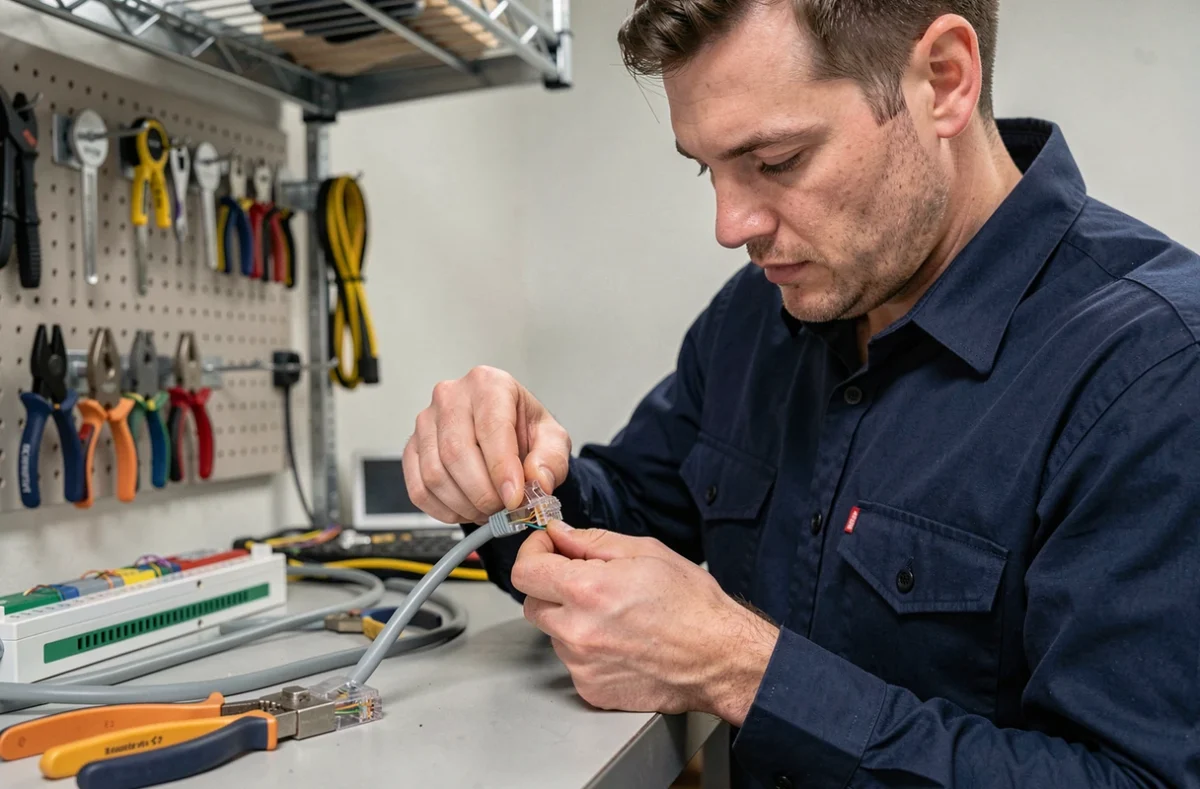 Technicien réseau réalisant le câblage d'un connecteur RJ45 avec les fils disposés selon la norme T568B sur un établi professionnel