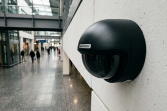 Caméra de vidéosurveillance Hikvision installée dans un couloir de bâtiment commercial moderne