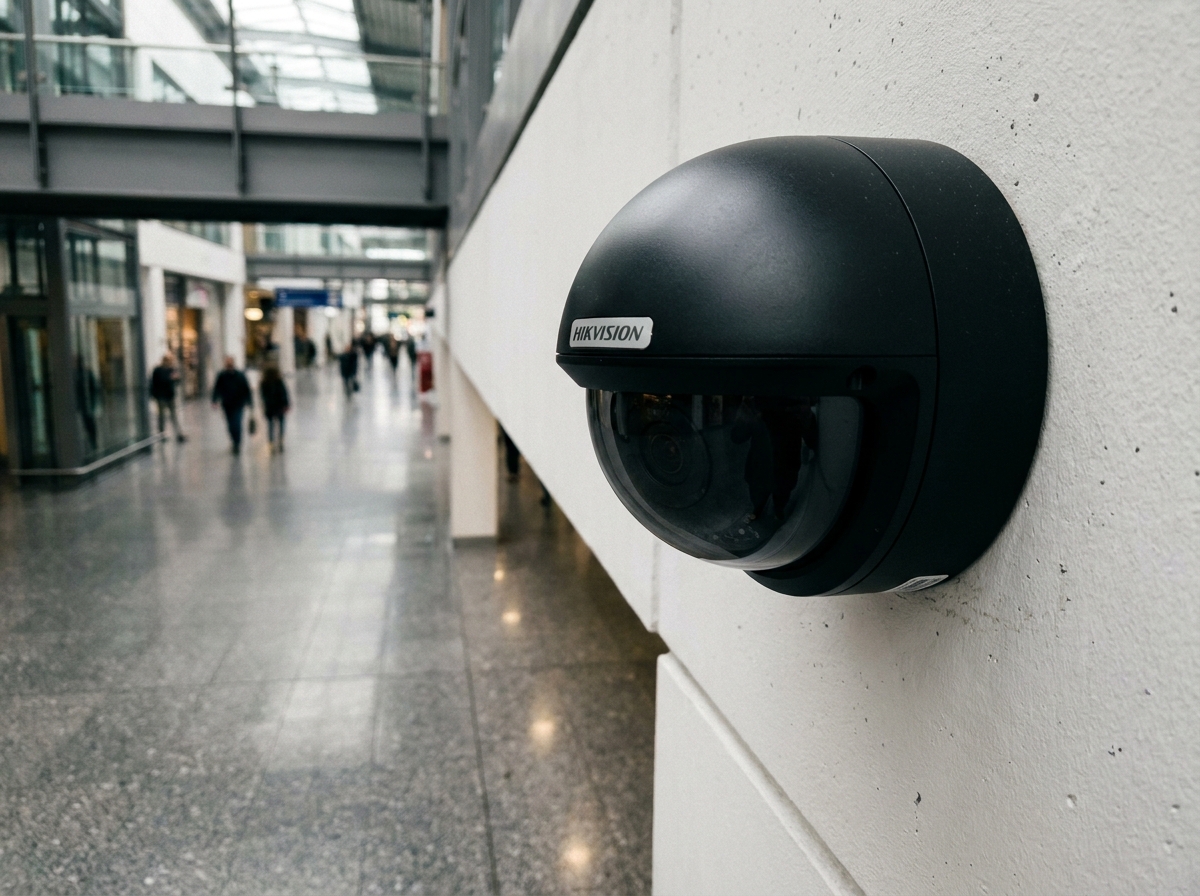 Caméra de vidéosurveillance Hikvision installée dans un couloir de bâtiment commercial moderne