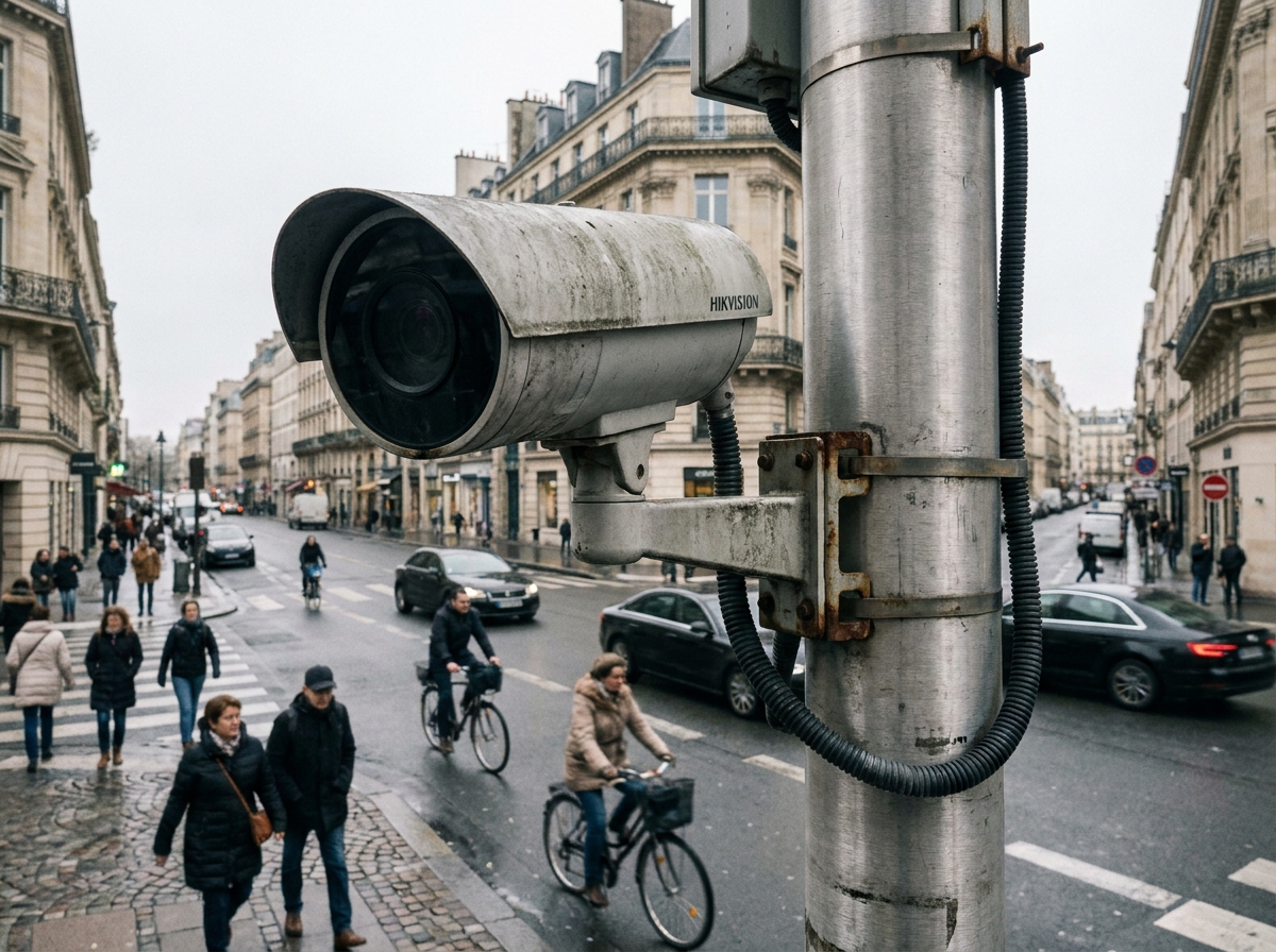 Caméra PTZ Hikvision installée sur un poteau en milieu urbain pour la surveillance de voie publique