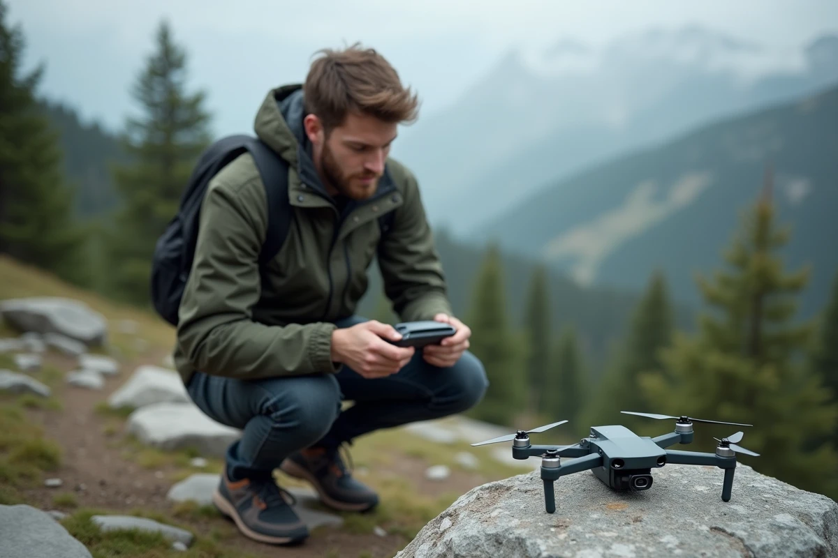 Homme changeant une carte SD dans une télécommande de drone en plein air sur un sentier de montagne