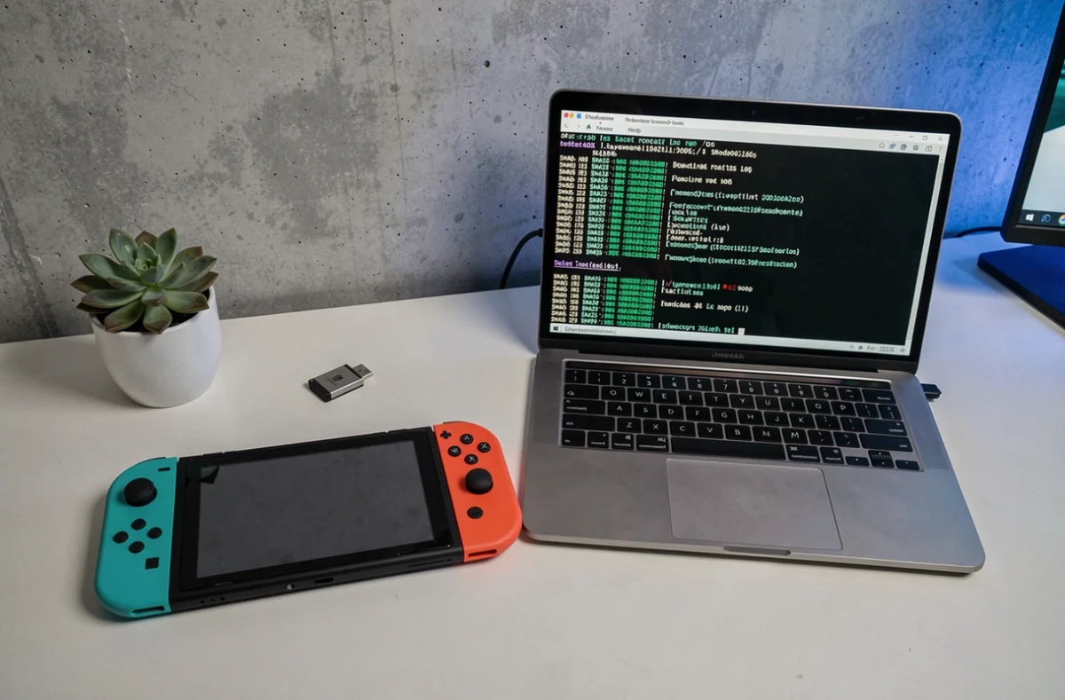 Nintendo Switch et ordinateur portable affichant des checksums MD5 et SHA256 pour vérifier des fichiers NSP corrompus