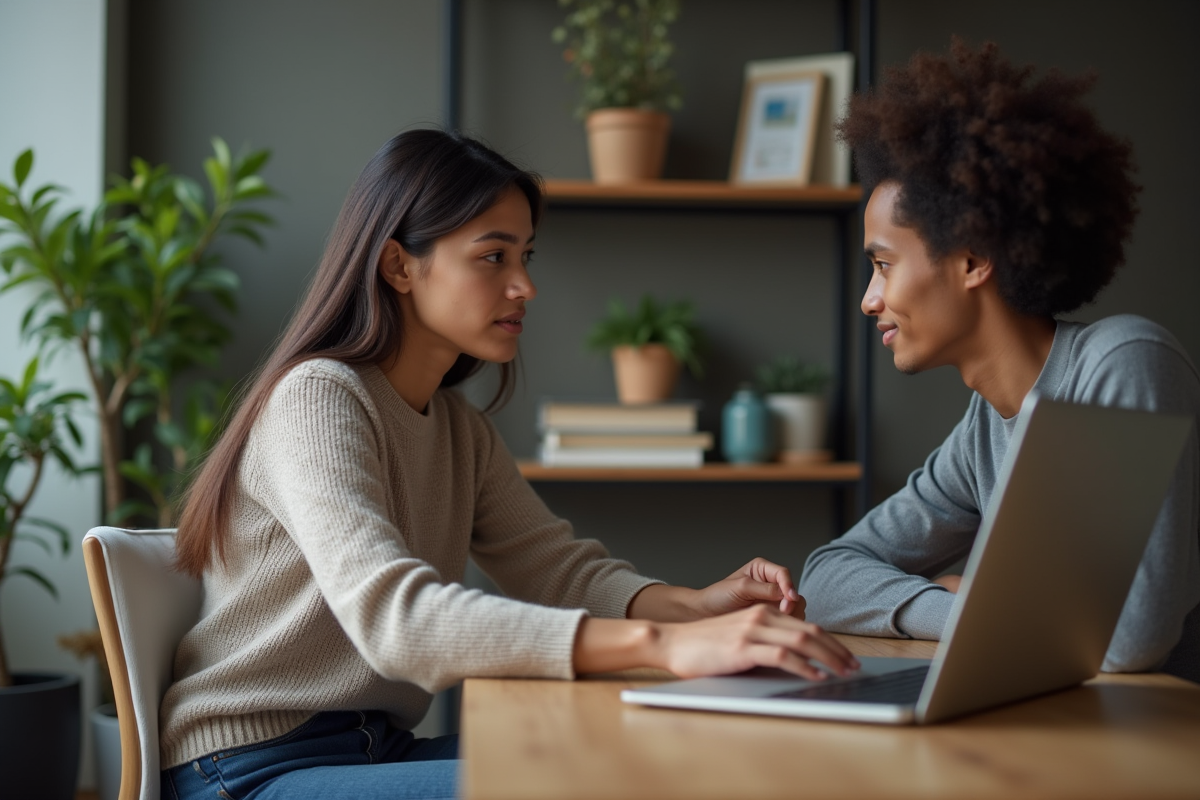Chercheur UX guidant un utilisateur sur un ordinateur portable