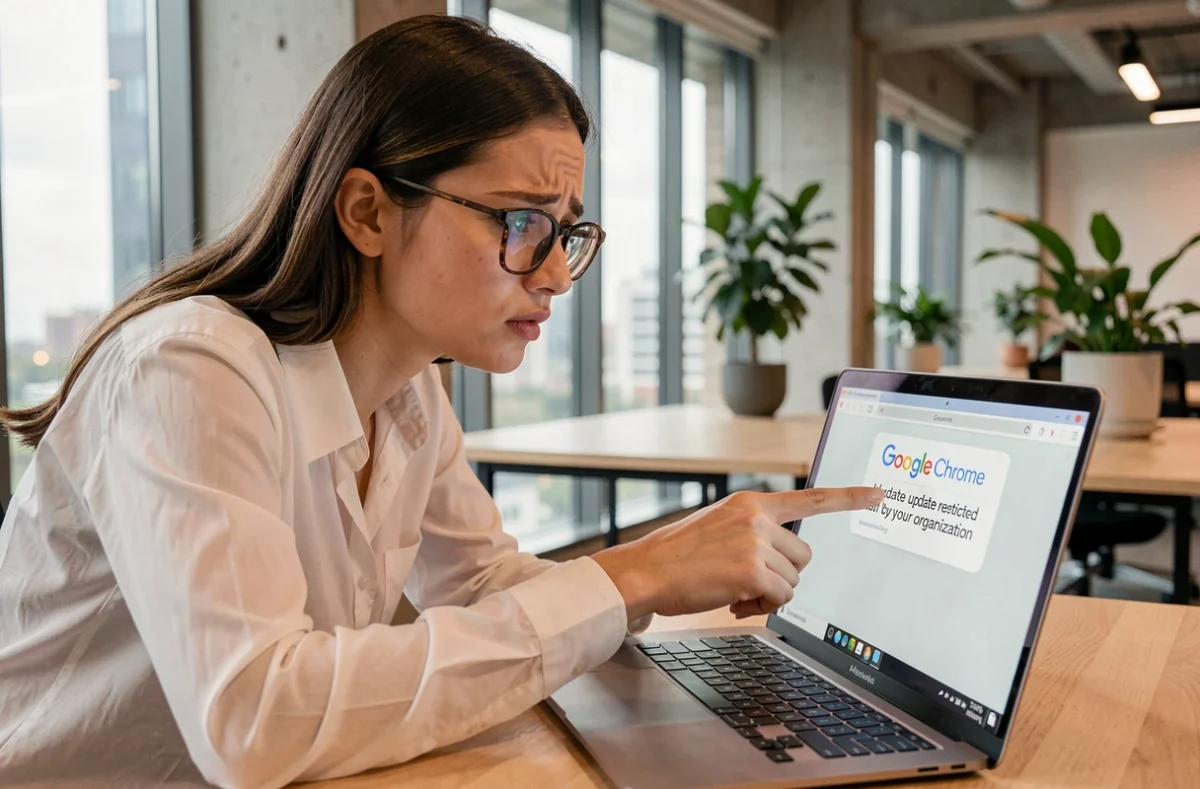 Femme en open space pointant une notification de mise à jour Chrome bloquée par l'organisation sur son ordinateur portable