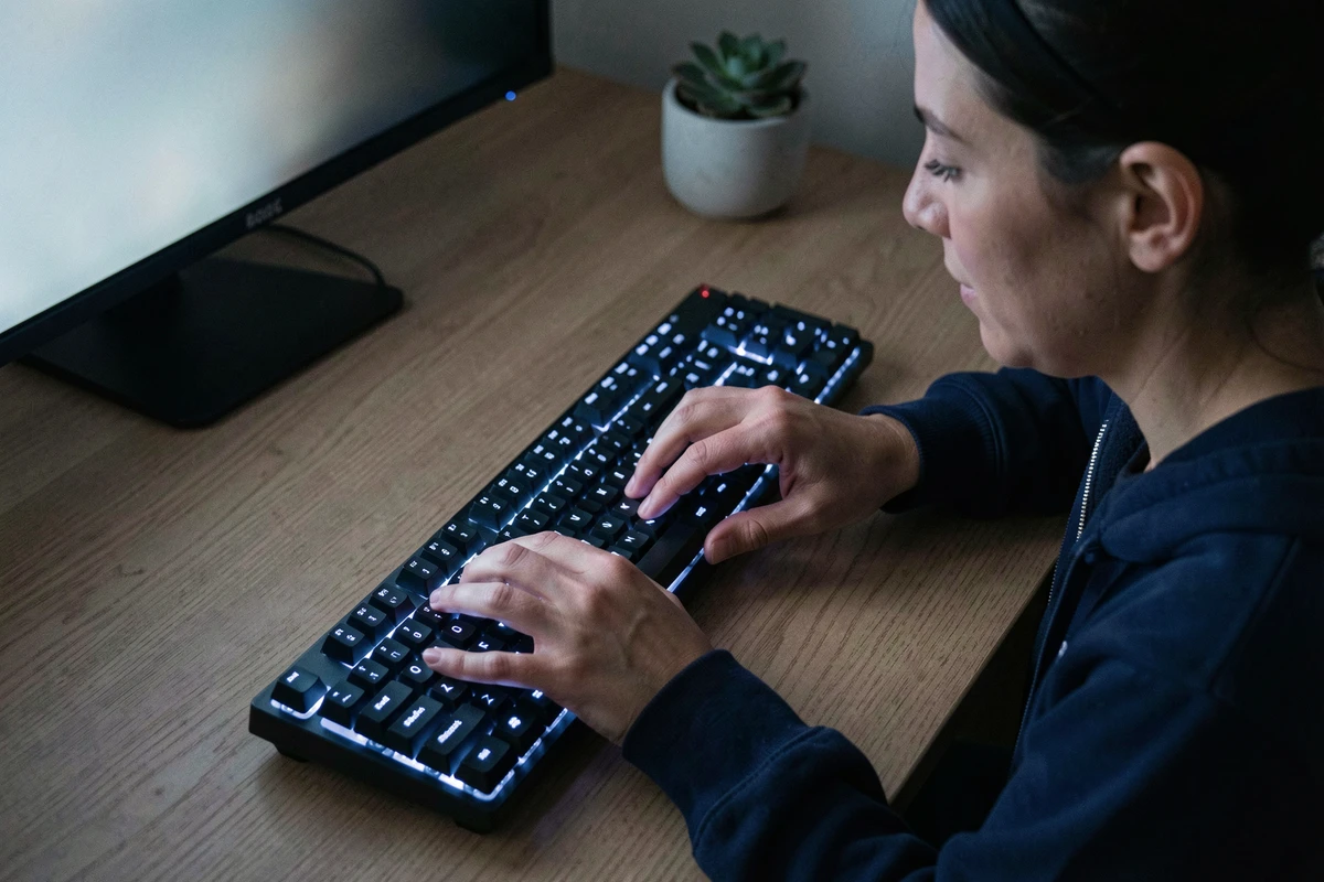 Femme tapant sur un clavier QWERTY rétroéclairé blanc-bleu dans un bureau à domicile sombre la nuit