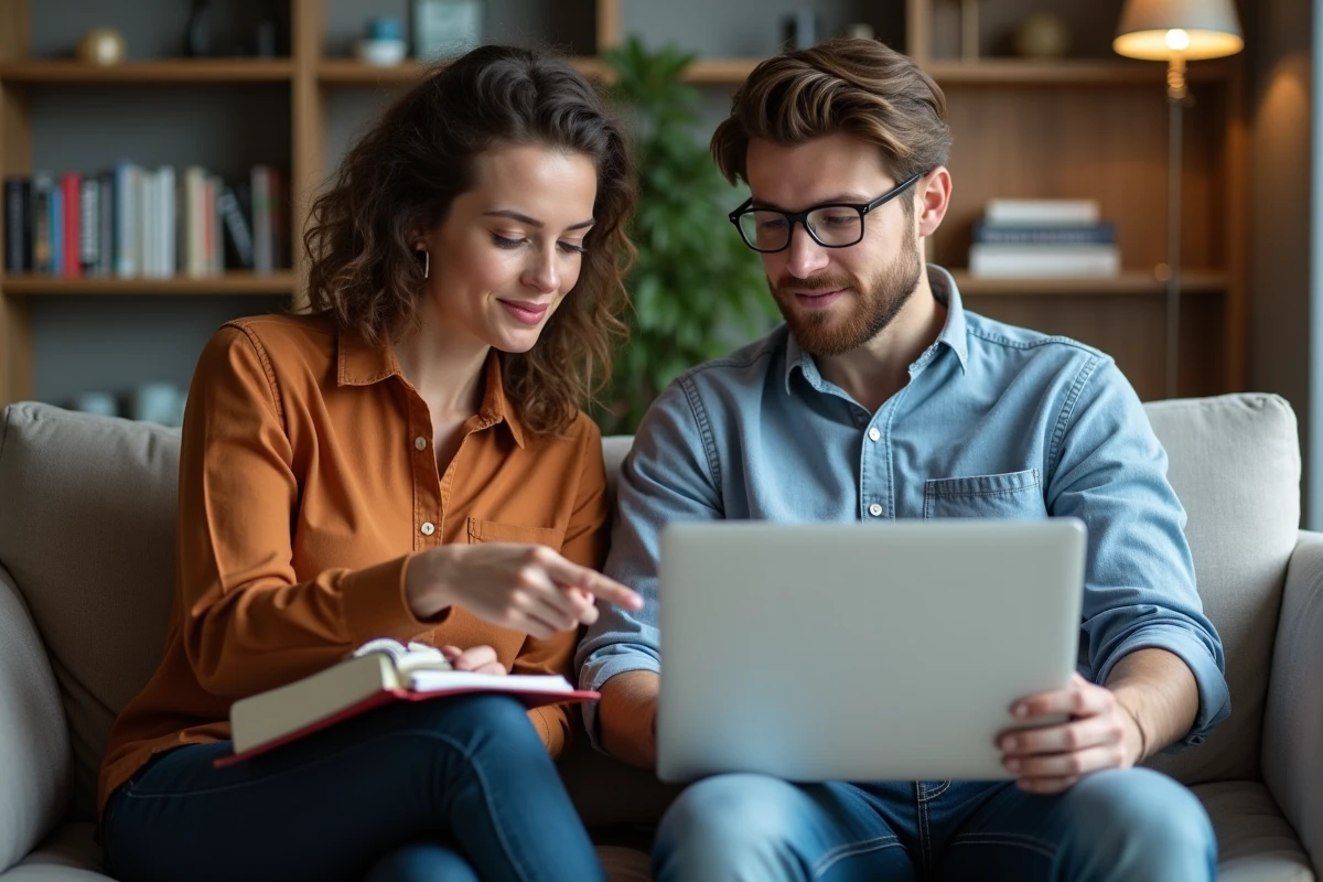 Deux collaborateurs d'agence consultant une interface de transfert de fichiers sécurisé sur ordinateur portable dans un espace de réunion informel