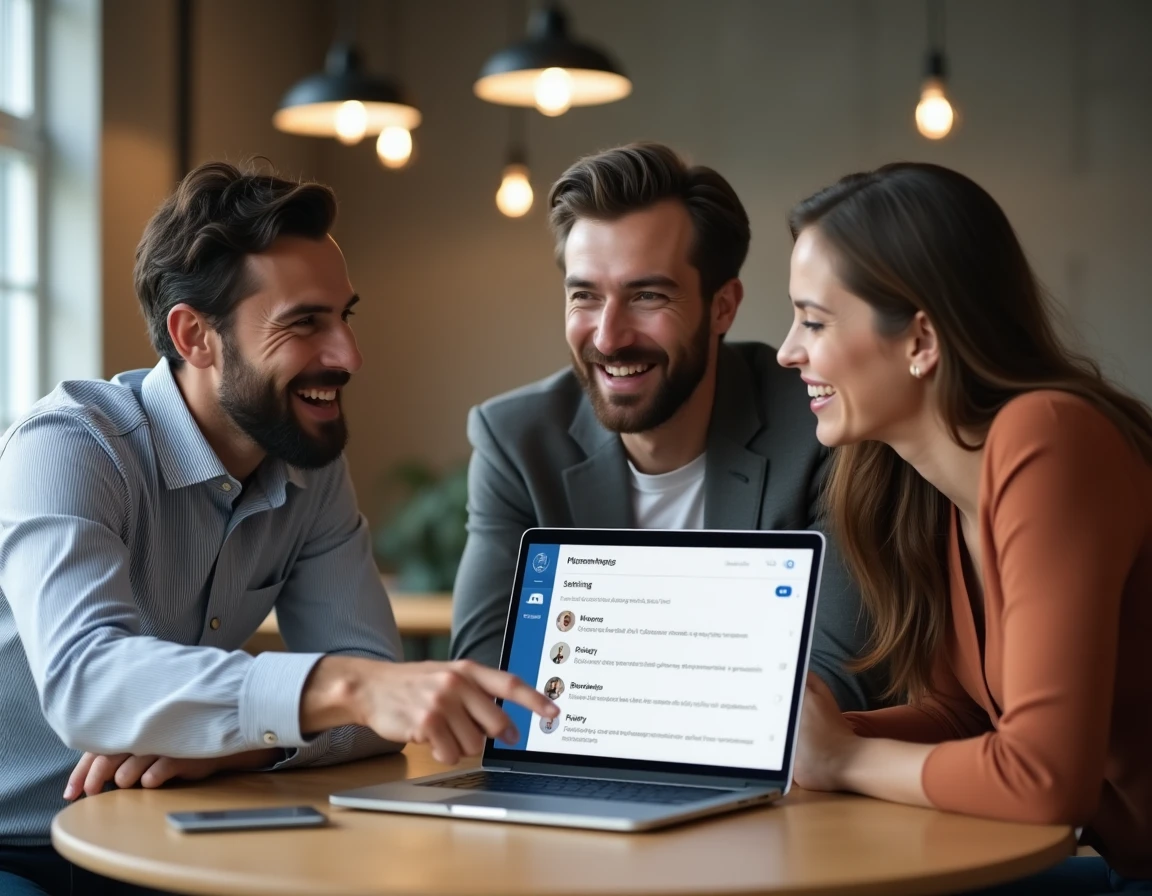 Groupe de collègues discutant des alternatives à WhatsApp autour d'un ordinateur portable dans un espace de coworking moderne