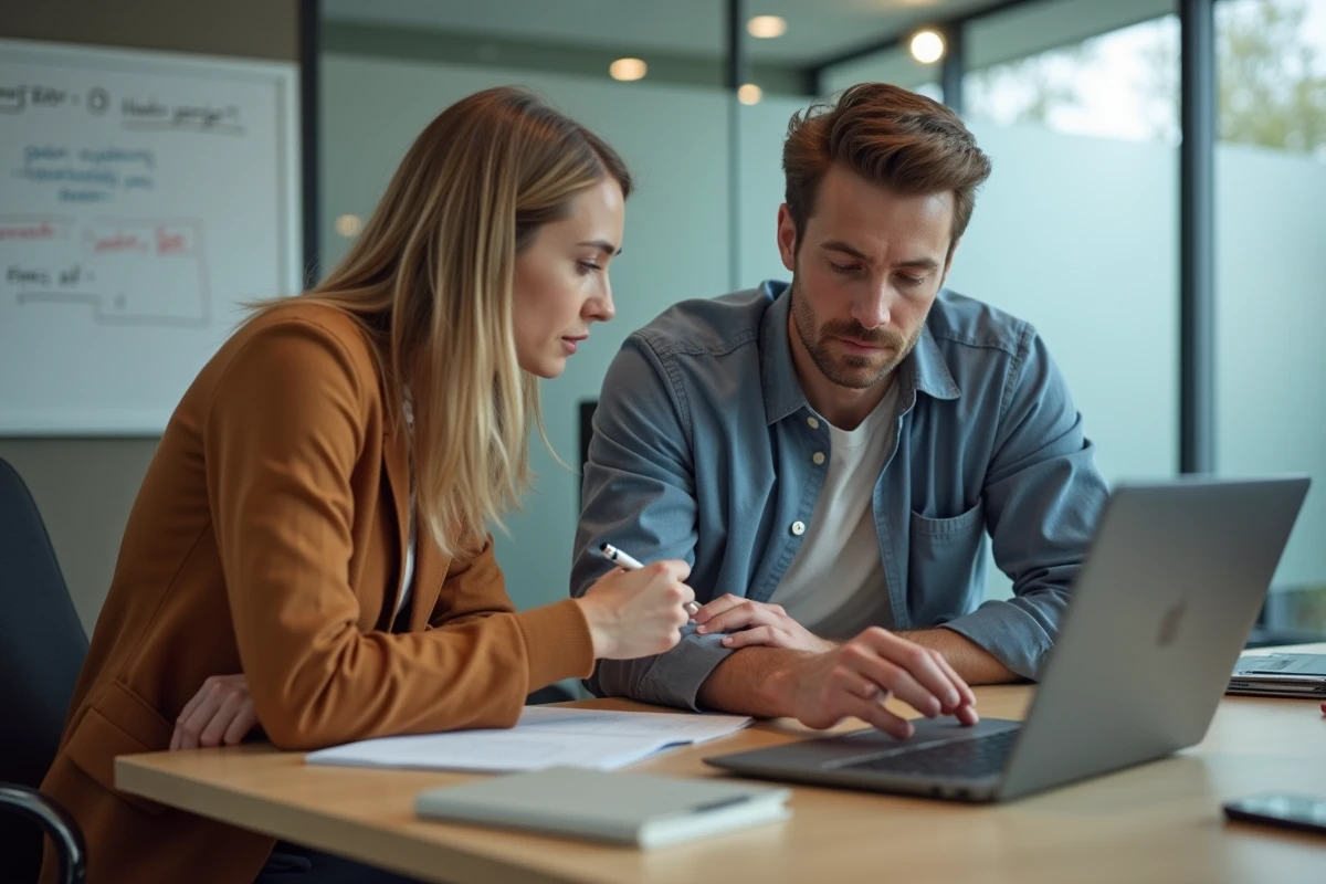 Deux collègues analysant ensemble une erreur de première connexion sur la messagerie Webmel Nancy devant un ordinateur portable