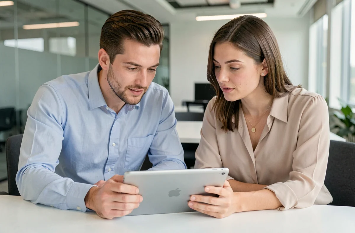 Deux collègues consultant des stories sur réseaux sociaux sur une tablette en réunion