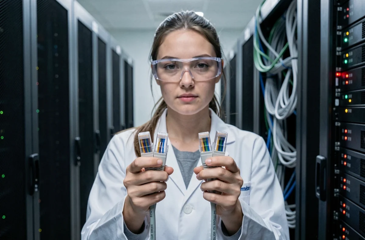 Ingénieure réseau comparant deux câbles RJ45 câblés en norme A et norme B dans une salle serveur moderne pour identifier les erreurs de câblage