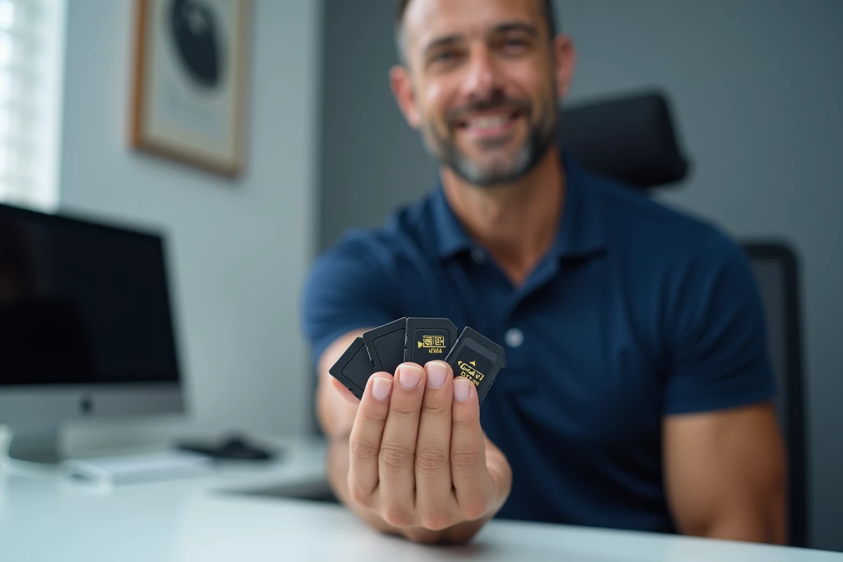 Homme tenant plusieurs cartes SD de tailles différentes en éventail dans la main dans un espace de travail tech